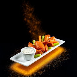 A delectable presentation of Chicken Wings served with fresh carrots, celery, and blue cheese dressing, artistically arranged on a long, narrow white rectangular plate