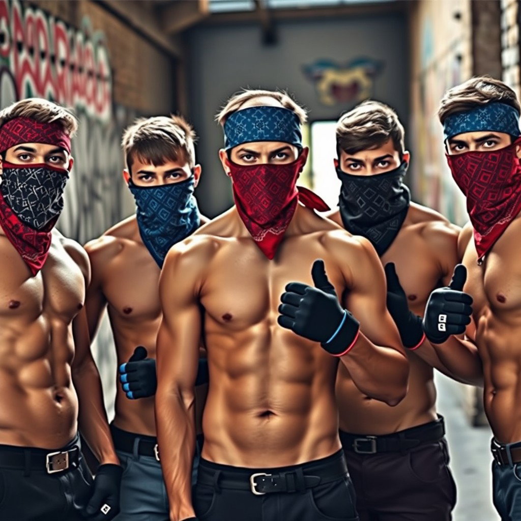 A striking group of young men without shirts, showcasing their athletic physiques while their faces are concealed by colorful bandanas
