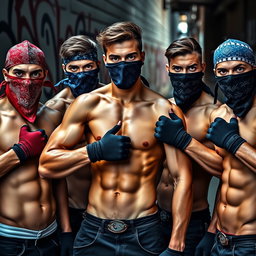 A striking group of young men without shirts, showcasing their athletic physiques while their faces are concealed by colorful bandanas