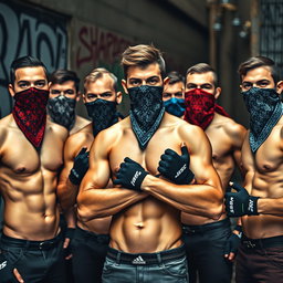 A striking group of young men without shirts, showcasing their athletic physiques while their faces are concealed by colorful bandanas