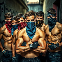 A striking group of young men without shirts, showcasing their athletic physiques while their faces are concealed by colorful bandanas