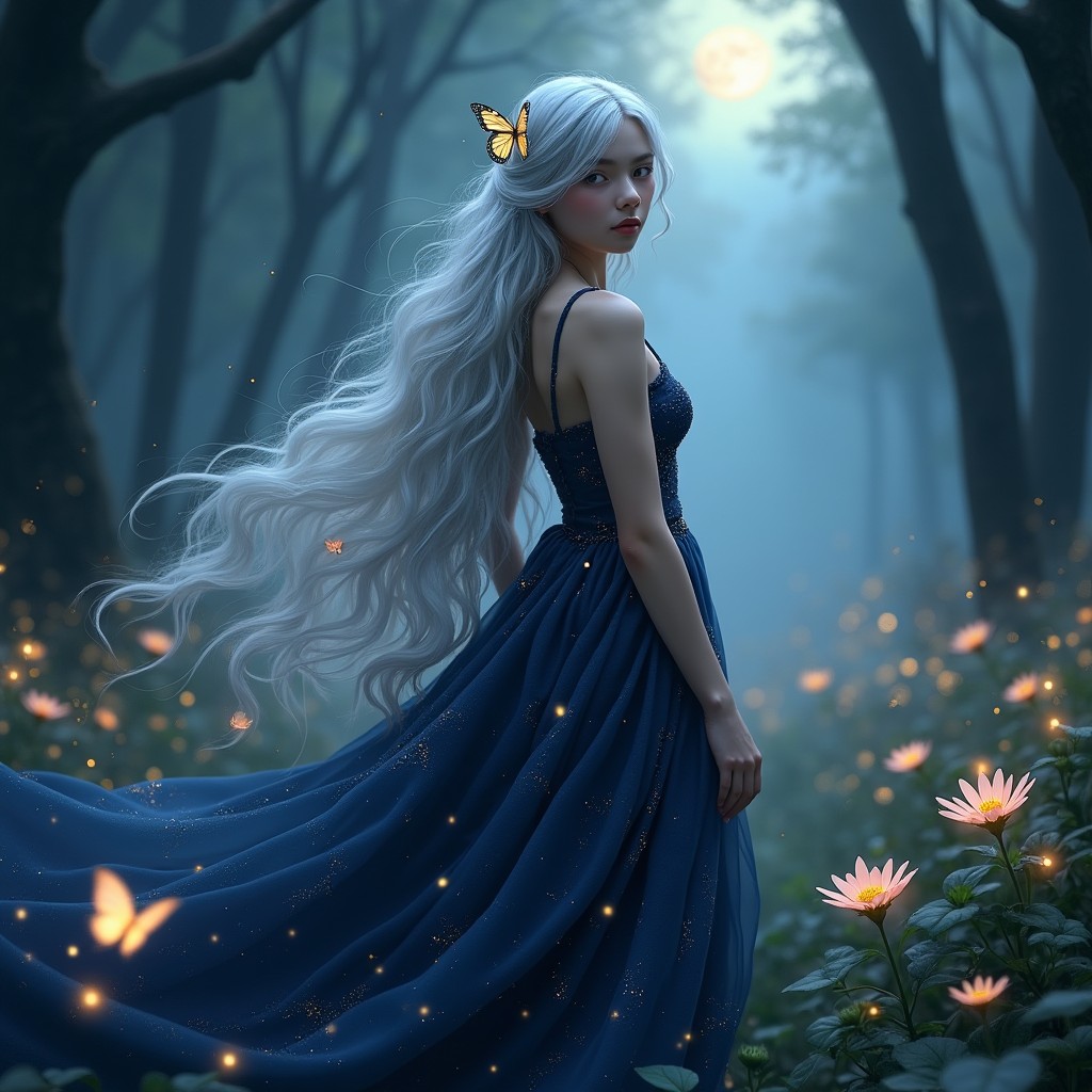 A mystical scene featuring the Midnight Enchantress, a beautiful and ethereal woman with long, flowing silver hair adorned with stars and moonlight