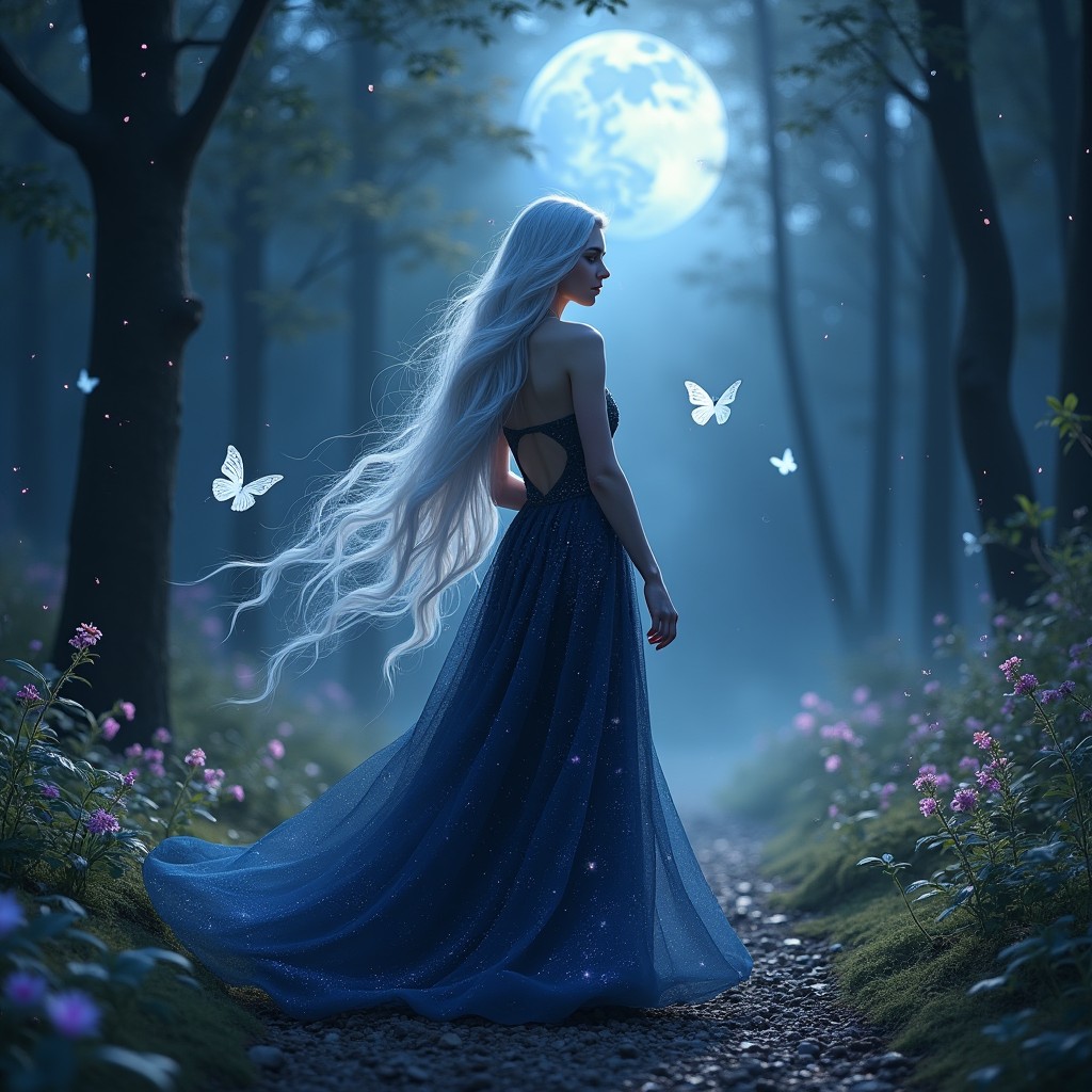 A mystical scene featuring the Midnight Enchantress, a captivating and ethereal woman with long, flowing silver hair that sparkles like starlight