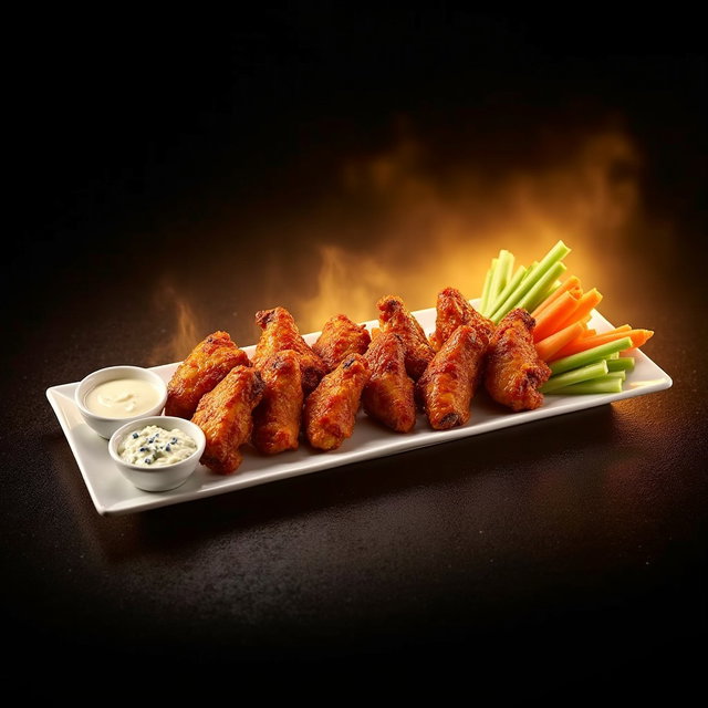 A long, narrow white platter adorned with 10 chicken wings, accompanied by fresh carrots, celery sticks, and a serving of blue cheese