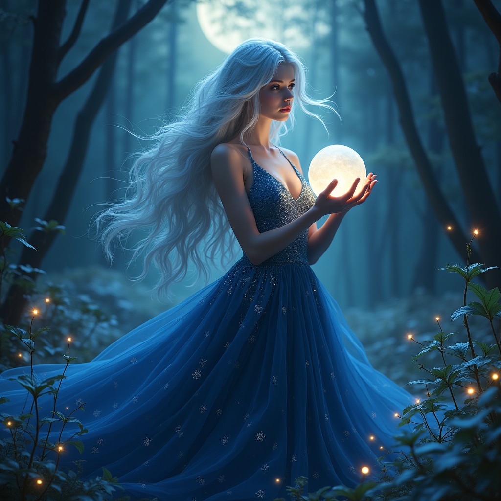 A mesmerizing depiction of the Midnight Enchantress, an enchanting woman with flowing, silver hair that glimmers under the light of a full moon