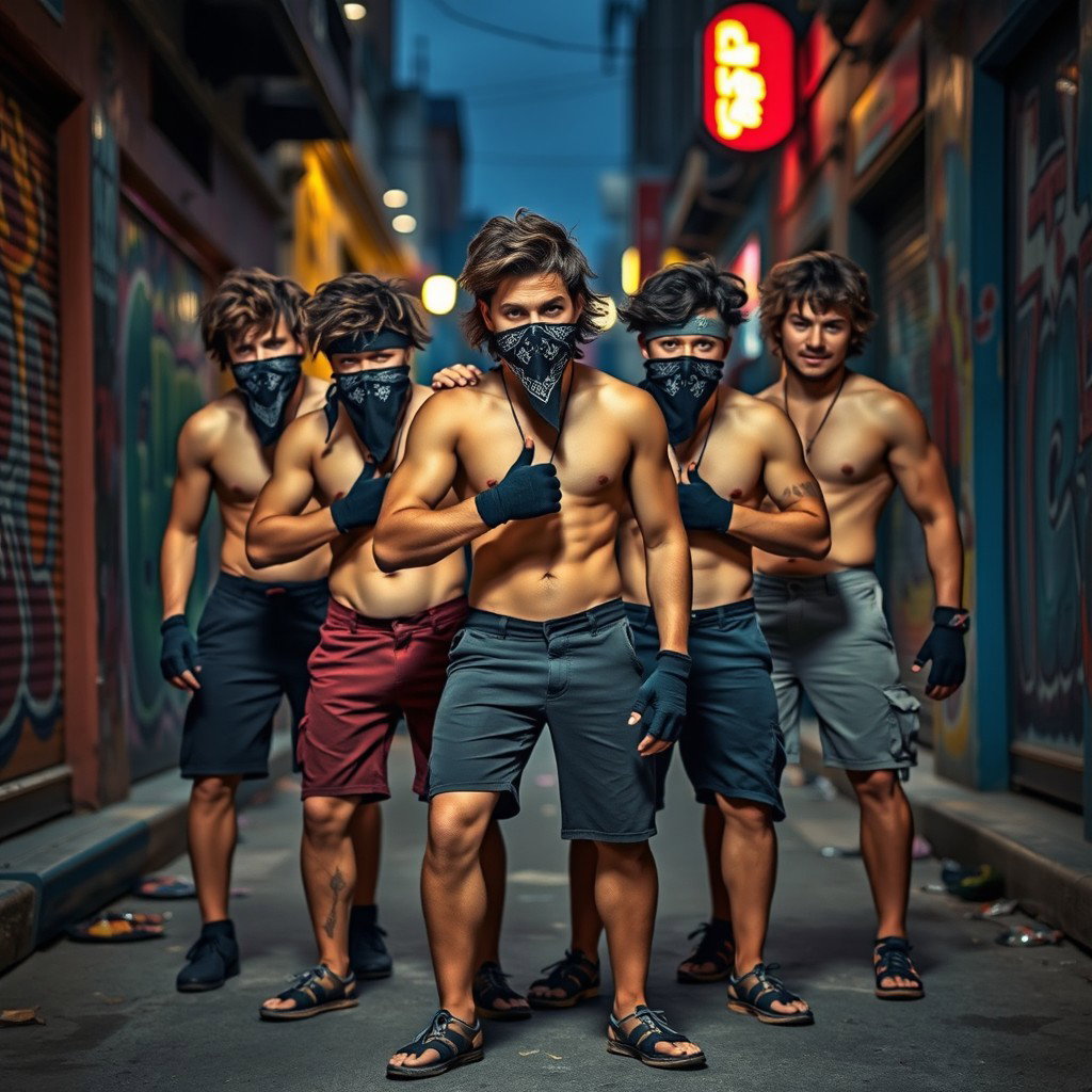 Un grupo de jóvenes con pelo moreno, sin camiseta, exhibiendo una actitud audaz y enérgica