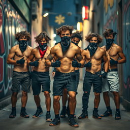 Un grupo de jóvenes con pelo moreno, sin camiseta, exhibiendo una actitud audaz y enérgica