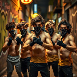 Un grupo de jóvenes con pelo moreno, sin camiseta, exhibiendo una actitud audaz y enérgica