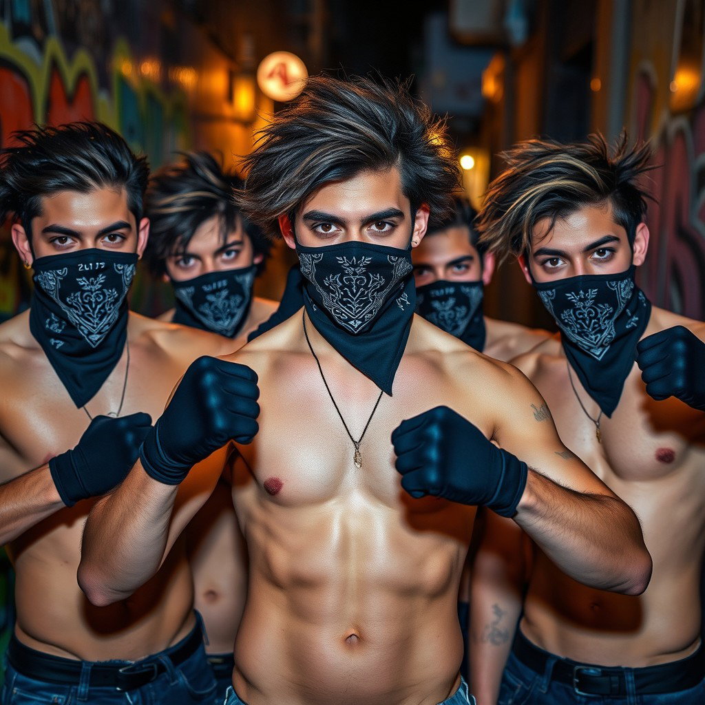 Un grupo de jóvenes con pelo moreno, todos sin camiseta, mostrando una actitud audaz y enérgica