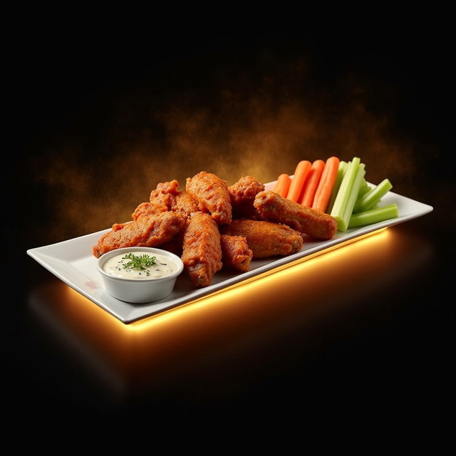 A long, narrow white plate displaying a basket with 20 delicious chicken wings, served alongside fresh carrots and celery, with a side of blue cheese dressing