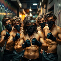 Un grupo de jóvenes con pelo moreno, todos sin camiseta, mostrando una actitud audaz y enérgica
