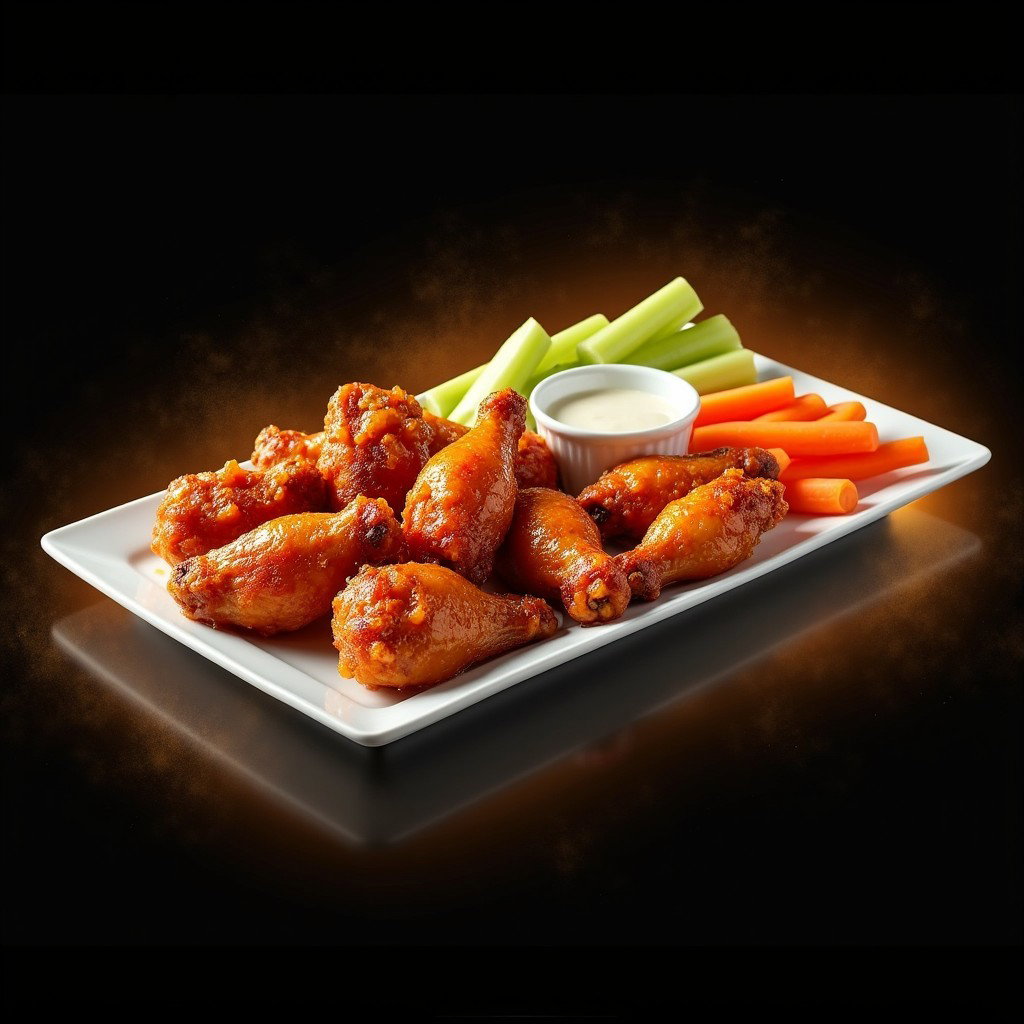 A rectangular white plate with 20 delicious chicken wings, artfully arranged alongside fresh carrots and celery sticks, served with a small white bowl containing two sauce options (blue cheese and another choice)