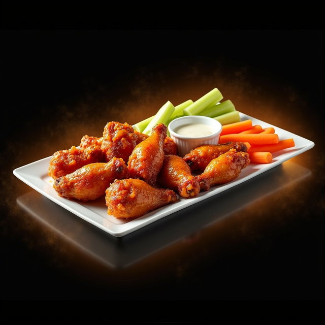 A rectangular white plate with 20 delicious chicken wings, artfully arranged alongside fresh carrots and celery sticks, served with a small white bowl containing two sauce options (blue cheese and another choice)