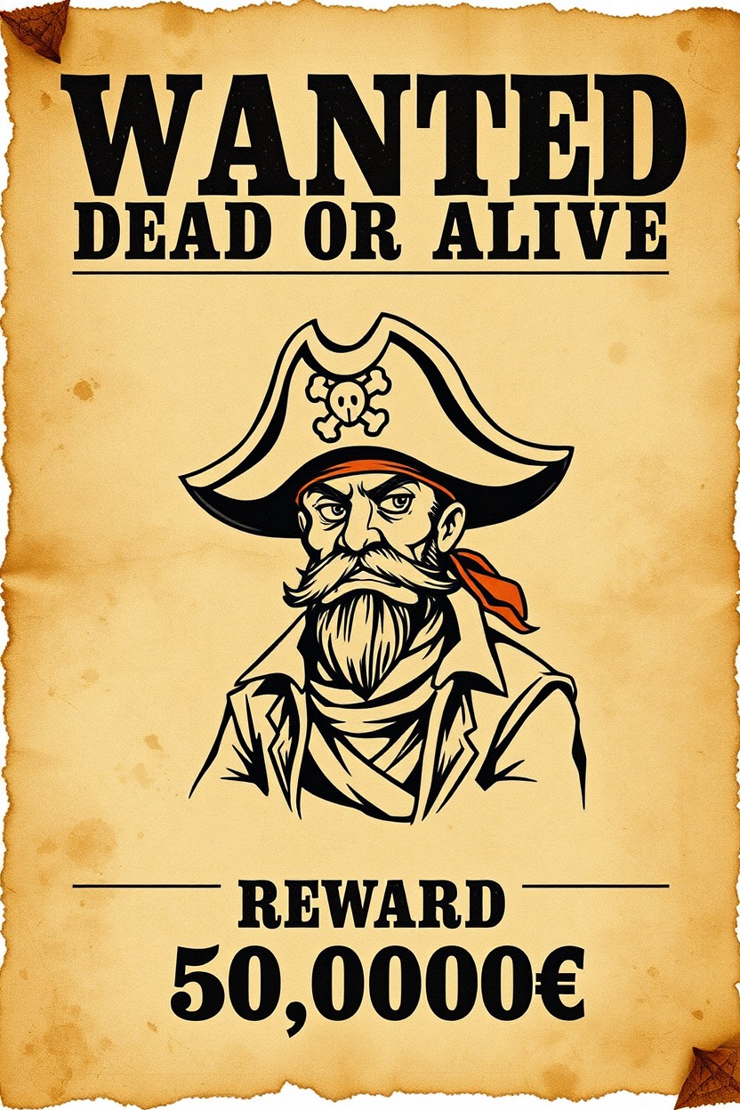 A vintage Wild West style wanted poster printed on old, weathered parchment with torn edges