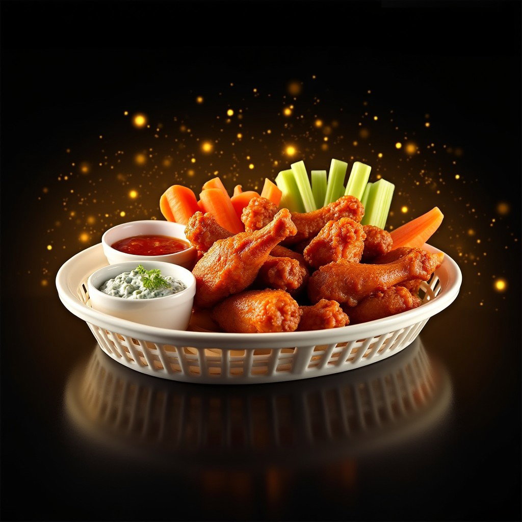 A large white basket filled with 20 delicious chicken wings, beautifully served alongside fresh carrots, celery, and a side of blue cheese