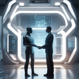 A futuristic scene where a human is interacting with an advanced AI system, depicting cooperation and shared insights between them.