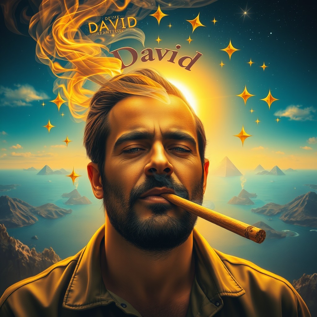 A portrait of a man with a calm expression, smoking a magical joint