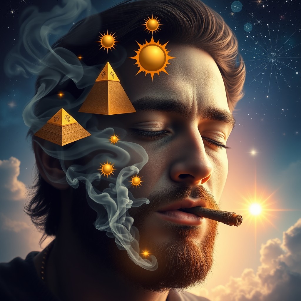 A mystical scene depicting the face of a man smoking a magical joint, exhaling smoke that forms golden chakra symbols