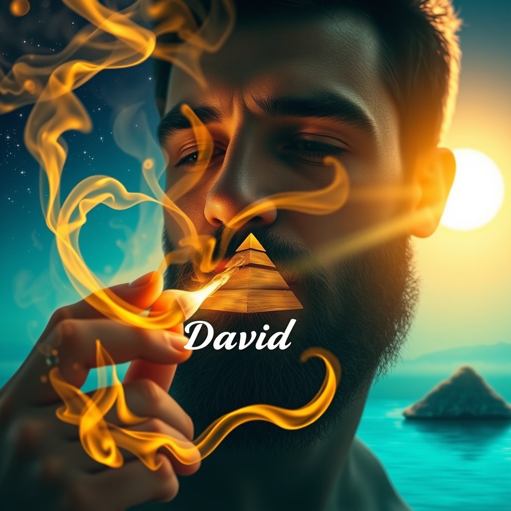 A close-up portrait of a man smoking a magical joint, surrounded by swirling golden chakra smoke