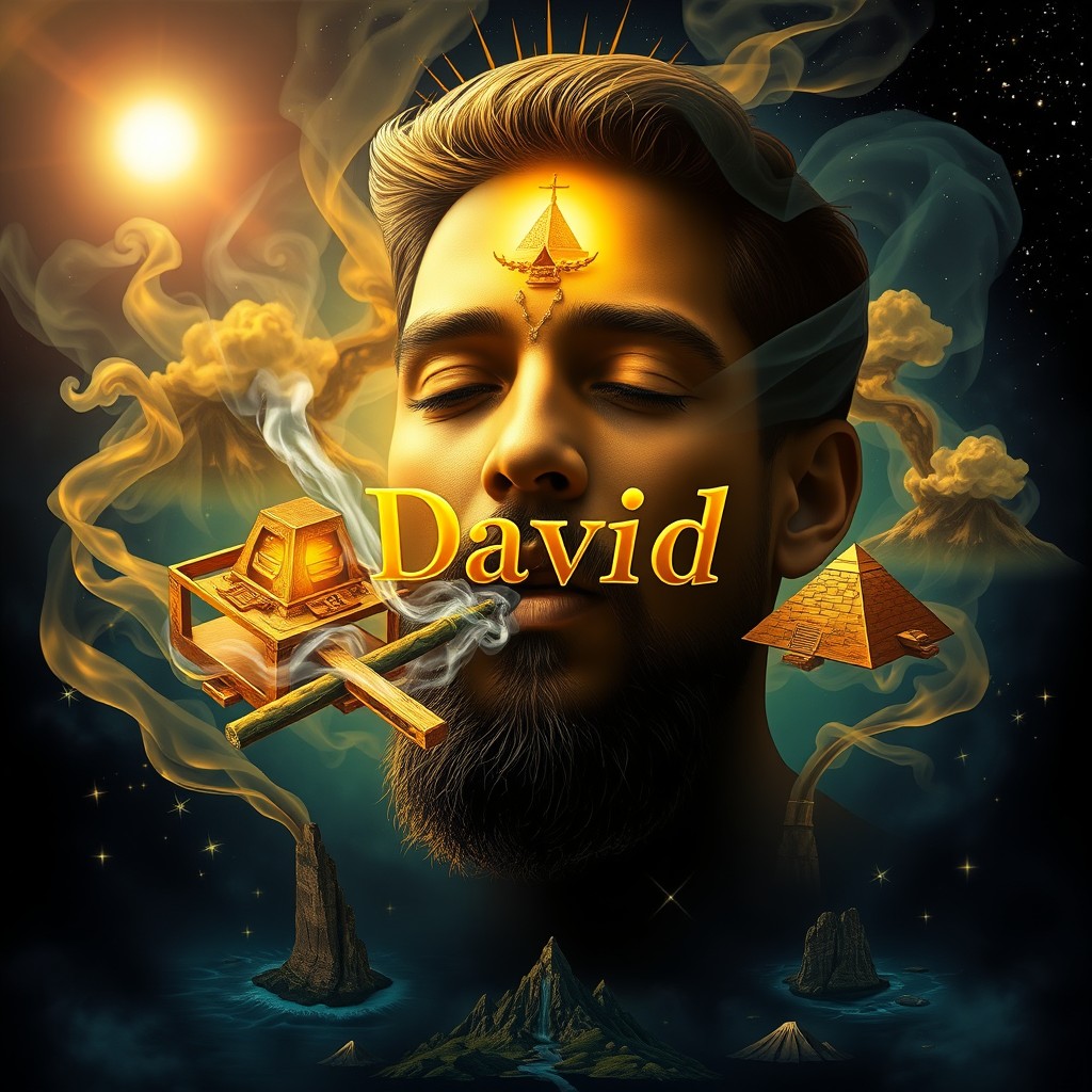 The face of a man smoking a magical joint, surrounded by enchanting smoke that forms a golden chakra