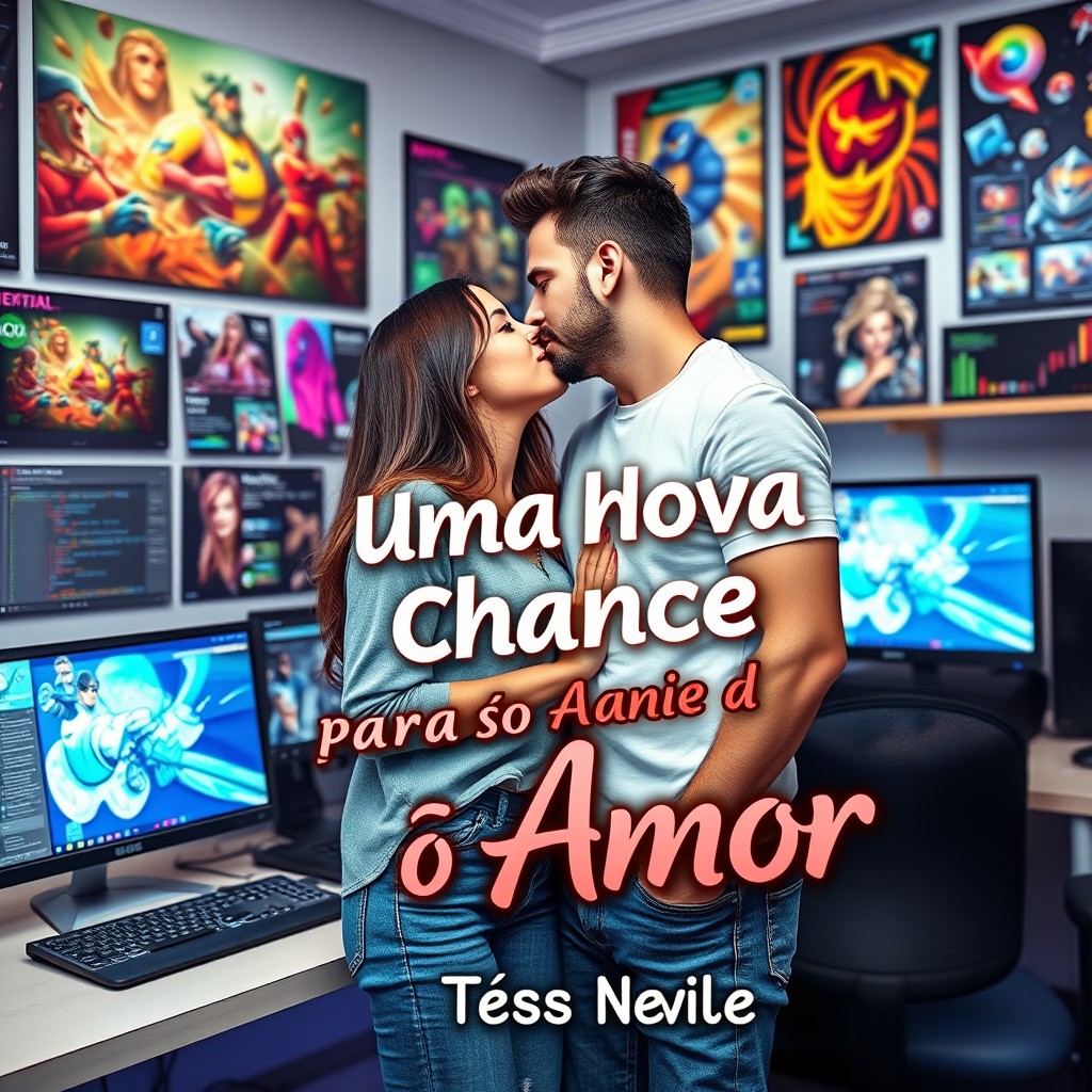 A beautiful couple who are both young and attractive, deeply in love, standing in their game development company office