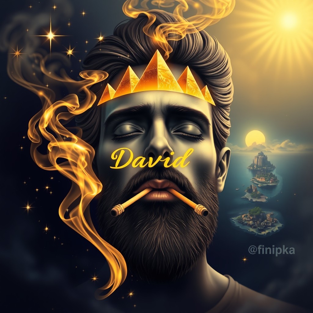 The face of a man smoking a magical joint, with golden chakra smoke swirling around him