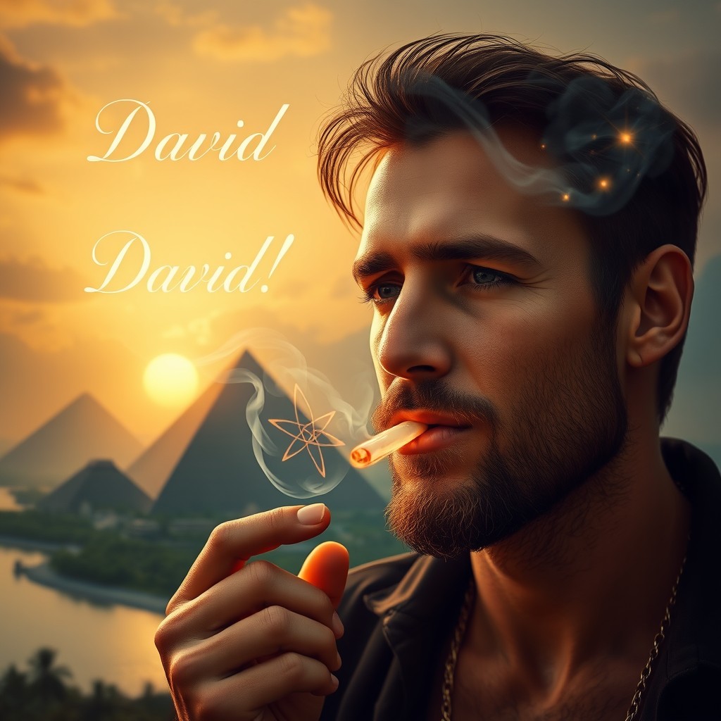 A portrait of a man with a serene expression, smoking a magical joint