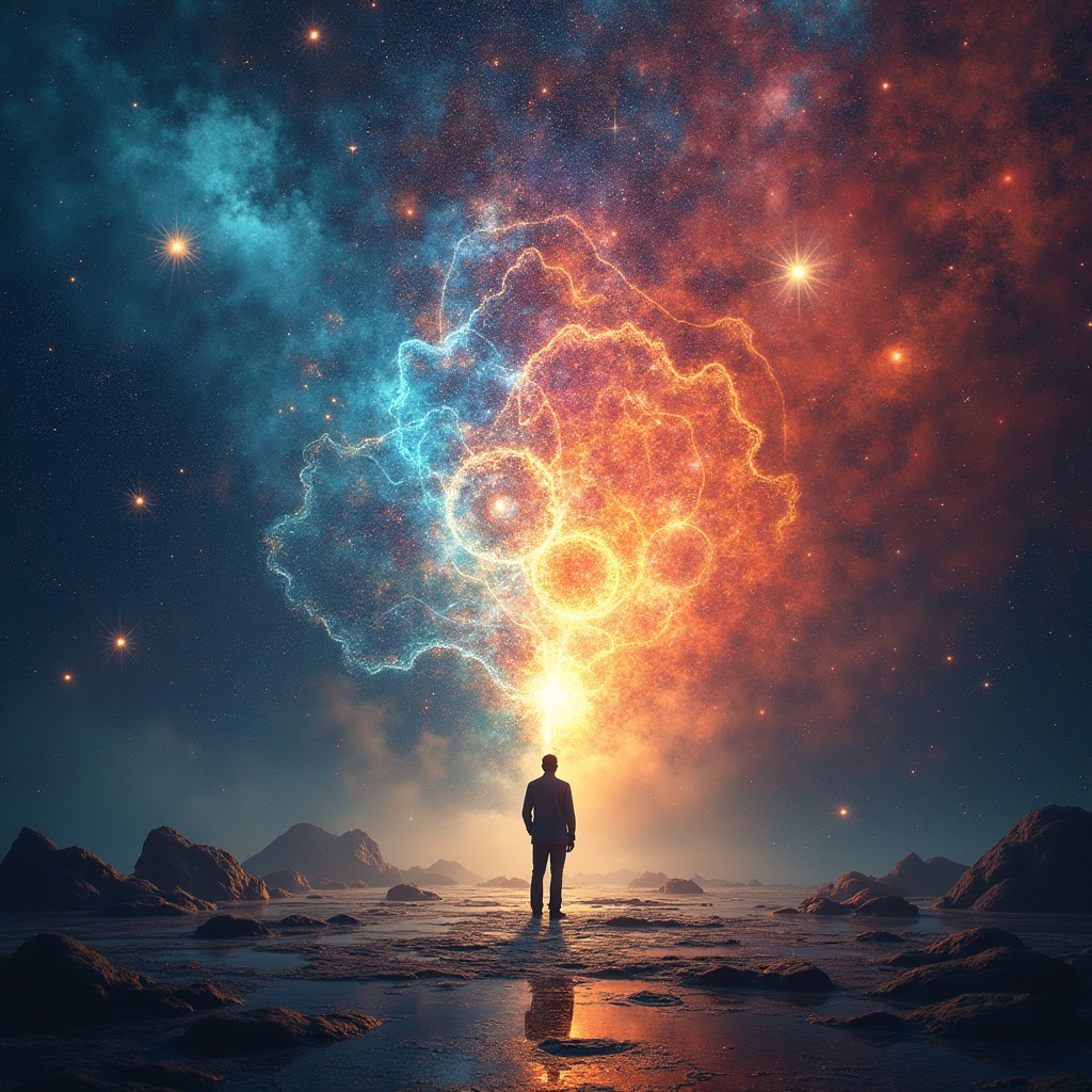 A stunning artistic visualization of the Quantum Paradox, showcasing an explosion of color and abstract shapes that represent the intricate nature of quantum mechanics
