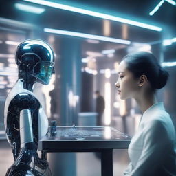 A futuristic scene where a human is interacting with an advanced AI system, depicting cooperation and shared insights between them.