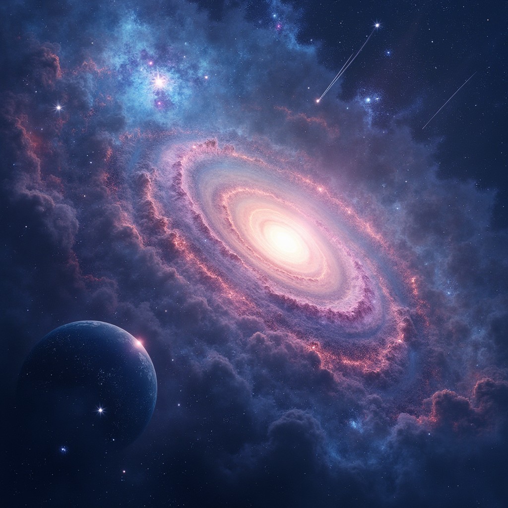 A breathtaking cosmic scene titled 'Stars Beyond Tomorrow', showcasing a vast galaxy with bright, colorful nebulas swirling across the canvas