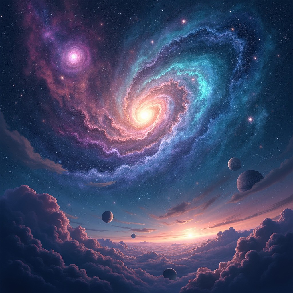 An awe-inspiring cosmic artwork titled 'Stars Beyond Tomorrow', depicting a mesmerizing galaxy bursting with color and light