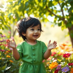 A charming scene featuring a child with black hair, dressed in a vibrant green outfit that reflects a playful personality