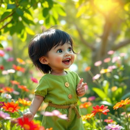A charming scene featuring a child with black hair, dressed in a vibrant green outfit that reflects a playful personality