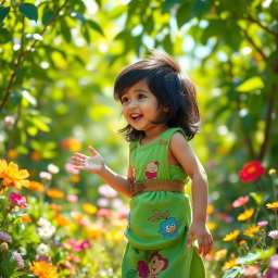A charming scene featuring a child with black hair, dressed in a vibrant green outfit that reflects a playful personality