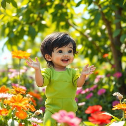 A charming scene featuring a child with black hair, dressed in a vibrant green outfit that reflects a playful personality