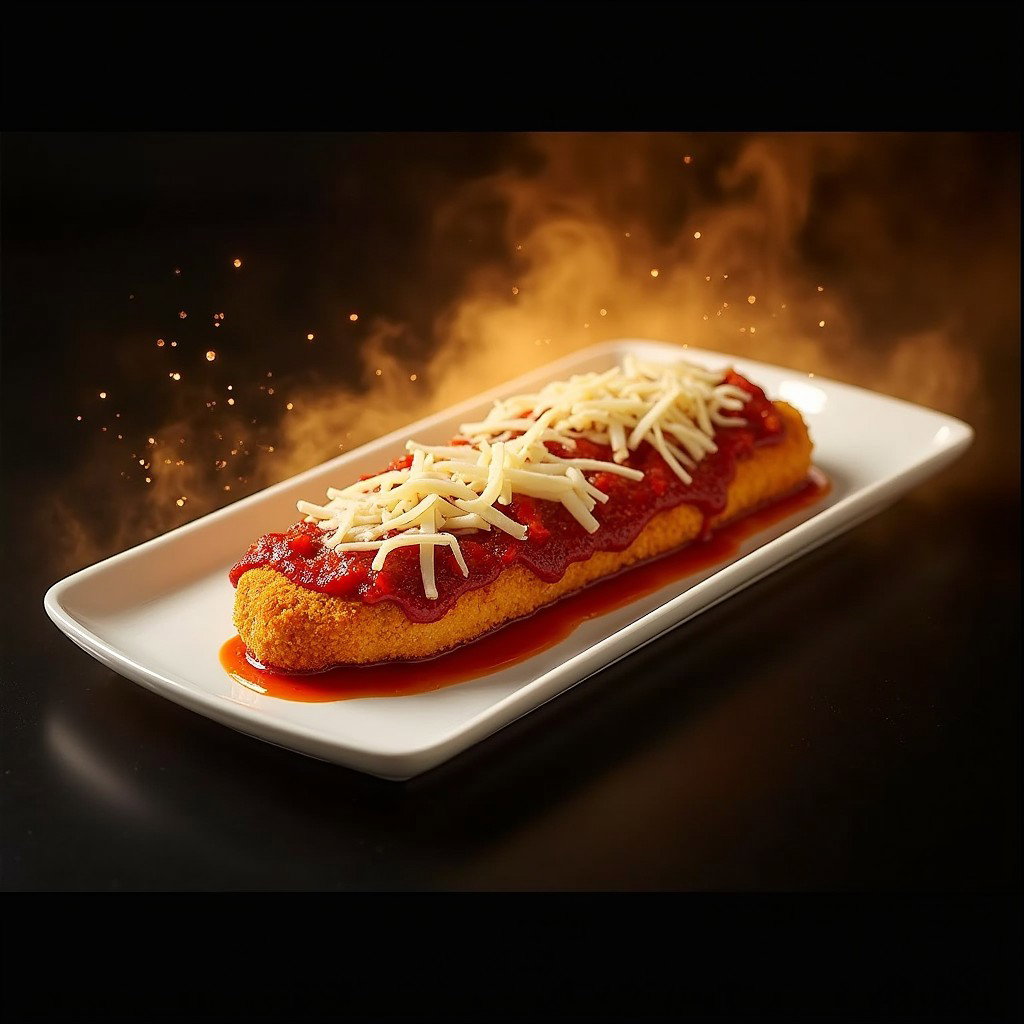An enticing presentation of Chicken Parmesan, featuring a perfectly breaded chicken breast topped with rich tomato sauce and melted mozzarella, Parmesan, or provolone