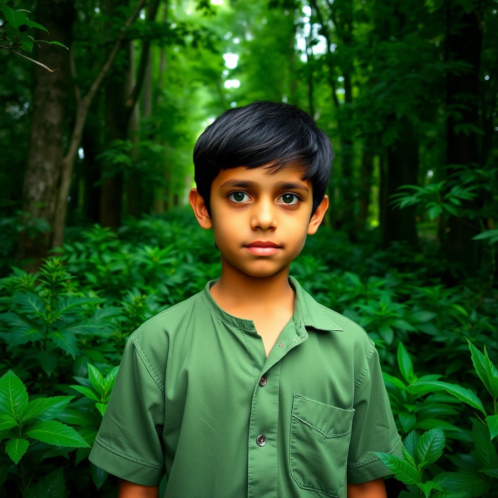 An 11-year-old boy with black hair and bright green eyes, wearing a green shirt