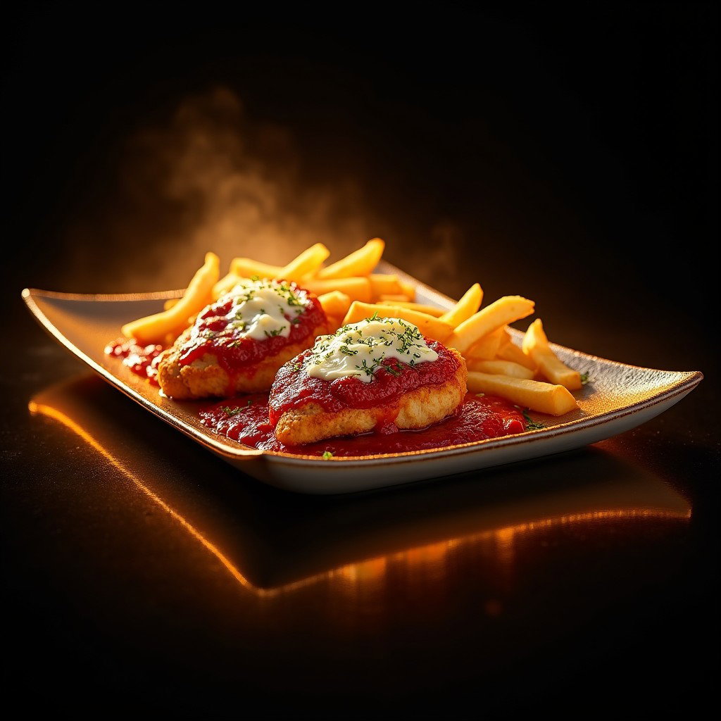 An elegant presentation of Chicken Parmesan, featuring a breaded chicken breast generously covered in rich tomato sauce and melted mozzarella, Parmesan, or provolone cheese