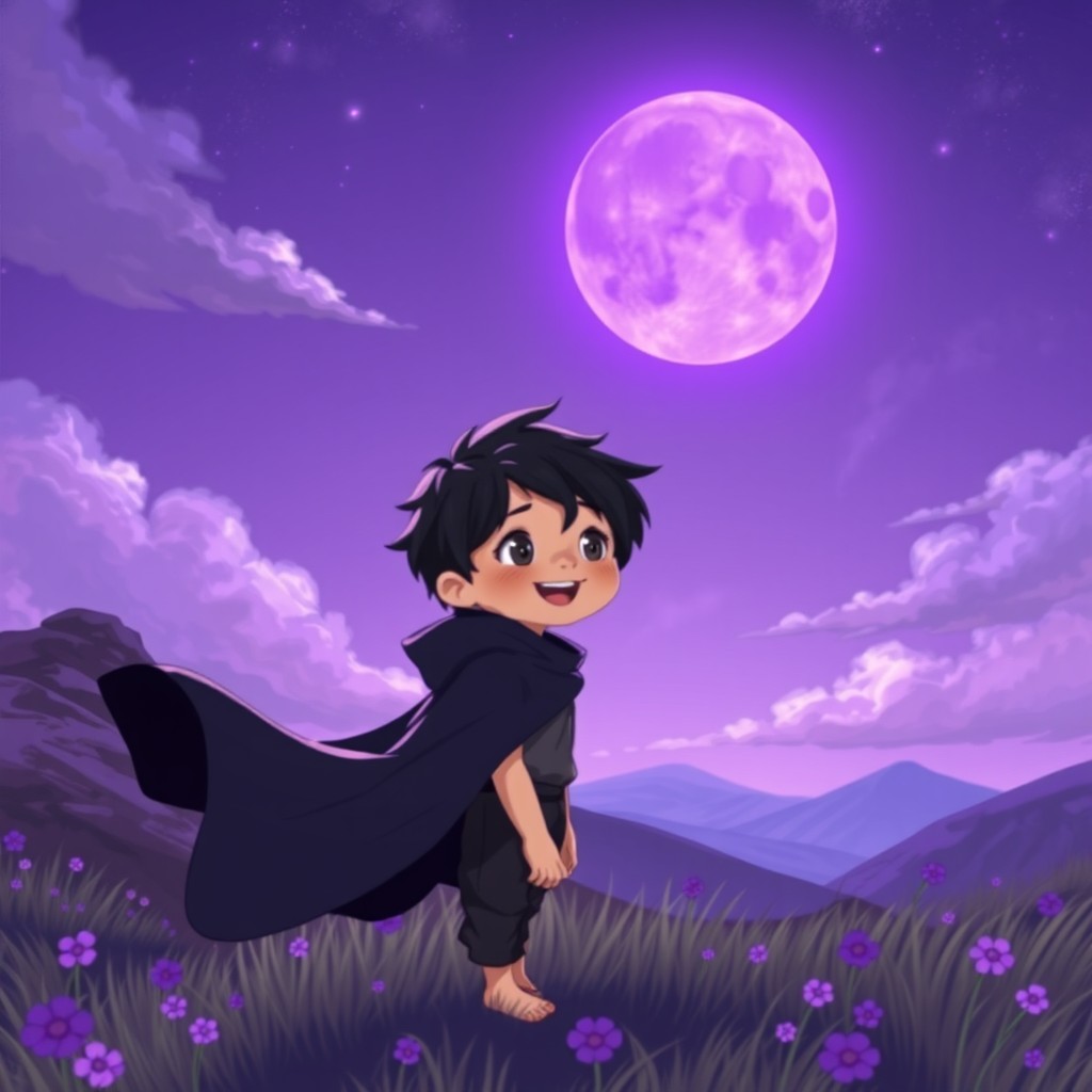A 10-year-old child with black hair, wearing a flowing black cloak, standing in a mystical landscape under a purple sky filled with swirling clouds