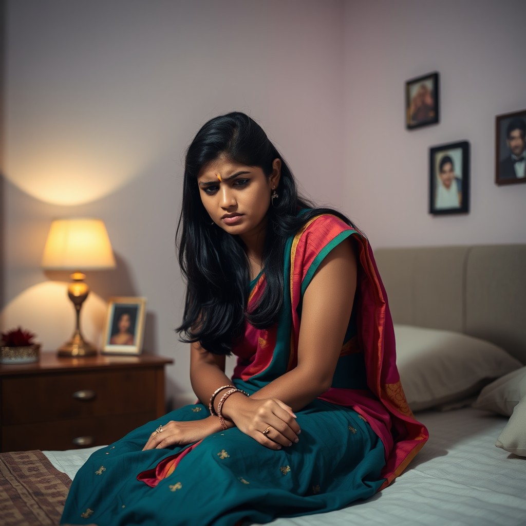 An Indian young married woman sitting on the edge of a bed in a dimly lit bedroom, her expression showing sadness and distress