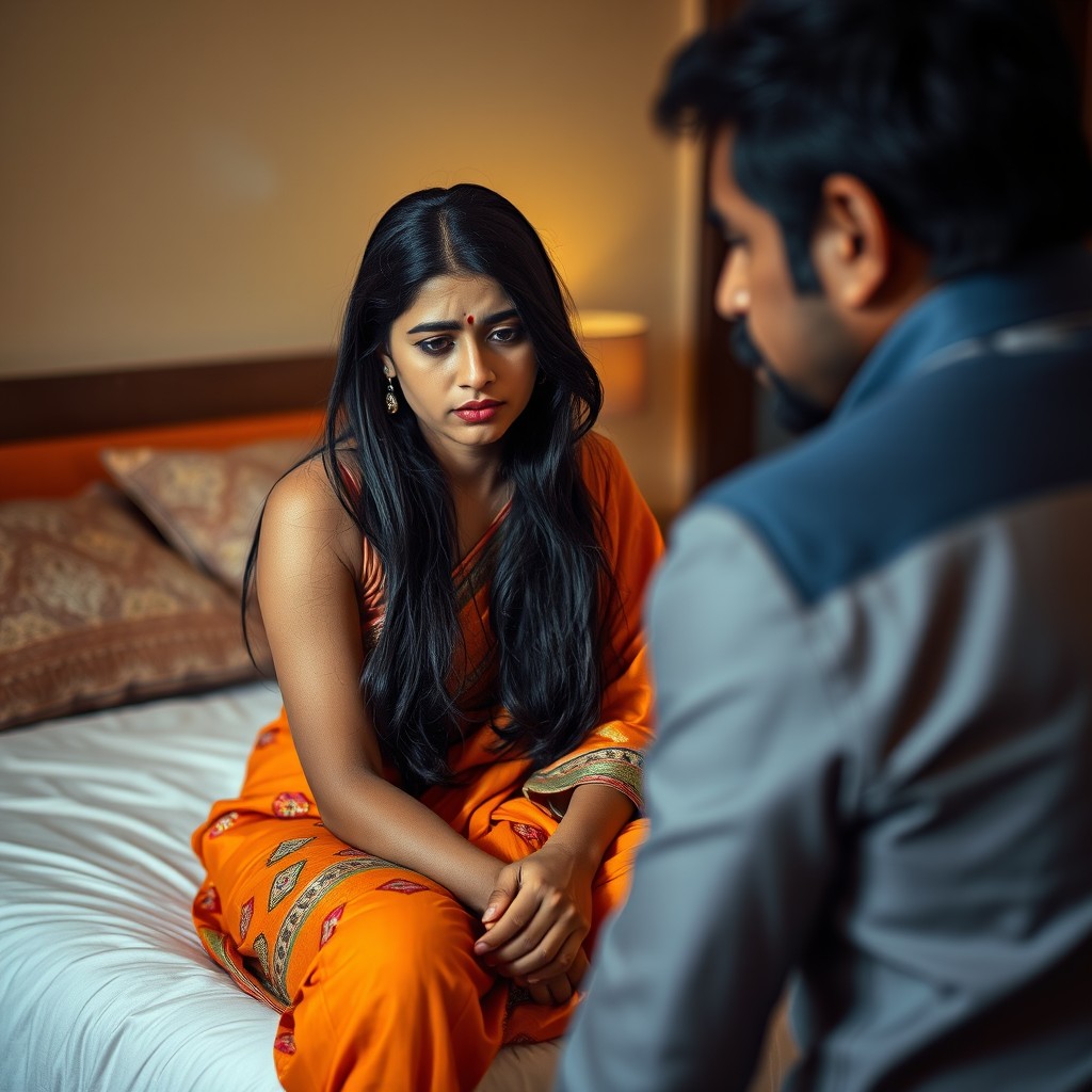 An Indian young married woman sitting on the edge of a bed in a softly lit bedroom, her expression reflecting sadness and resignation
