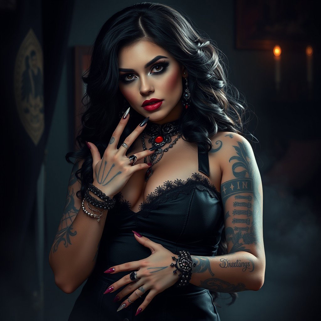 A sexy curvy woman in a gothic style, showcasing long nails, multiple piercings, and striking tattoos