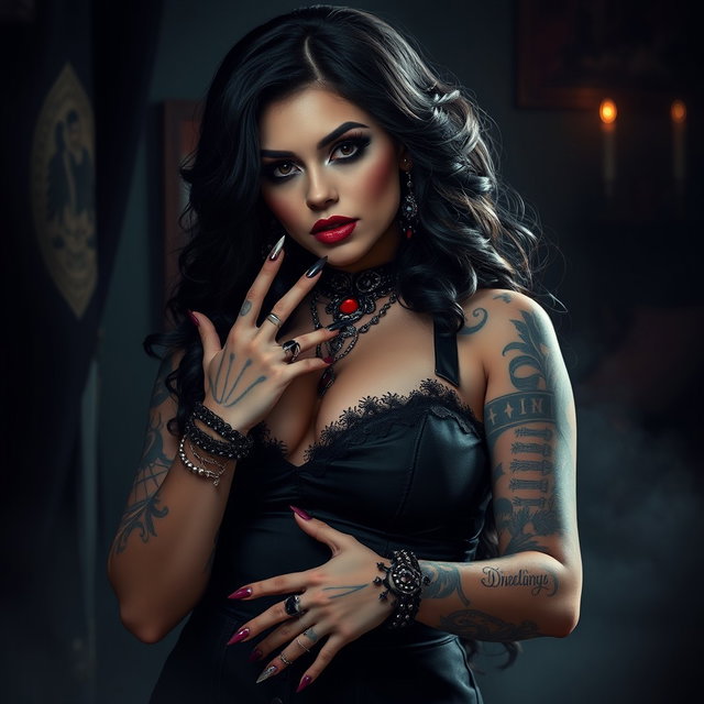 A sexy curvy woman in a gothic style, showcasing long nails, multiple piercings, and striking tattoos