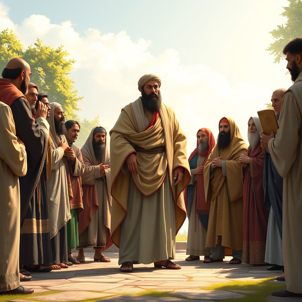 An artistic depiction of Imam Ali, the revered figure, standing at the center, surrounded by a diverse group of Christians in traditional attire, engaging in a peaceful dialogue