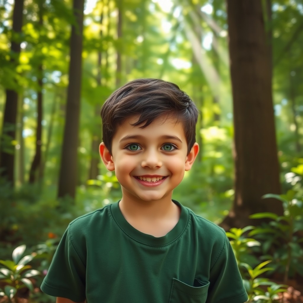 A vibrant scene in a lush forest featuring a 10-year-old boy wearing a green shirt