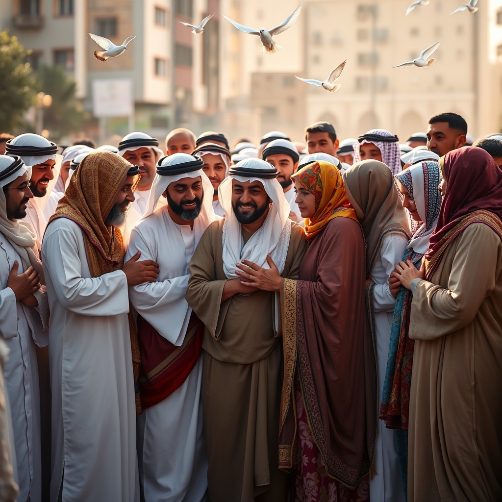 A powerful and inspiring scene depicting a diverse group of Arab Muslims standing together in defense of a group of Christians