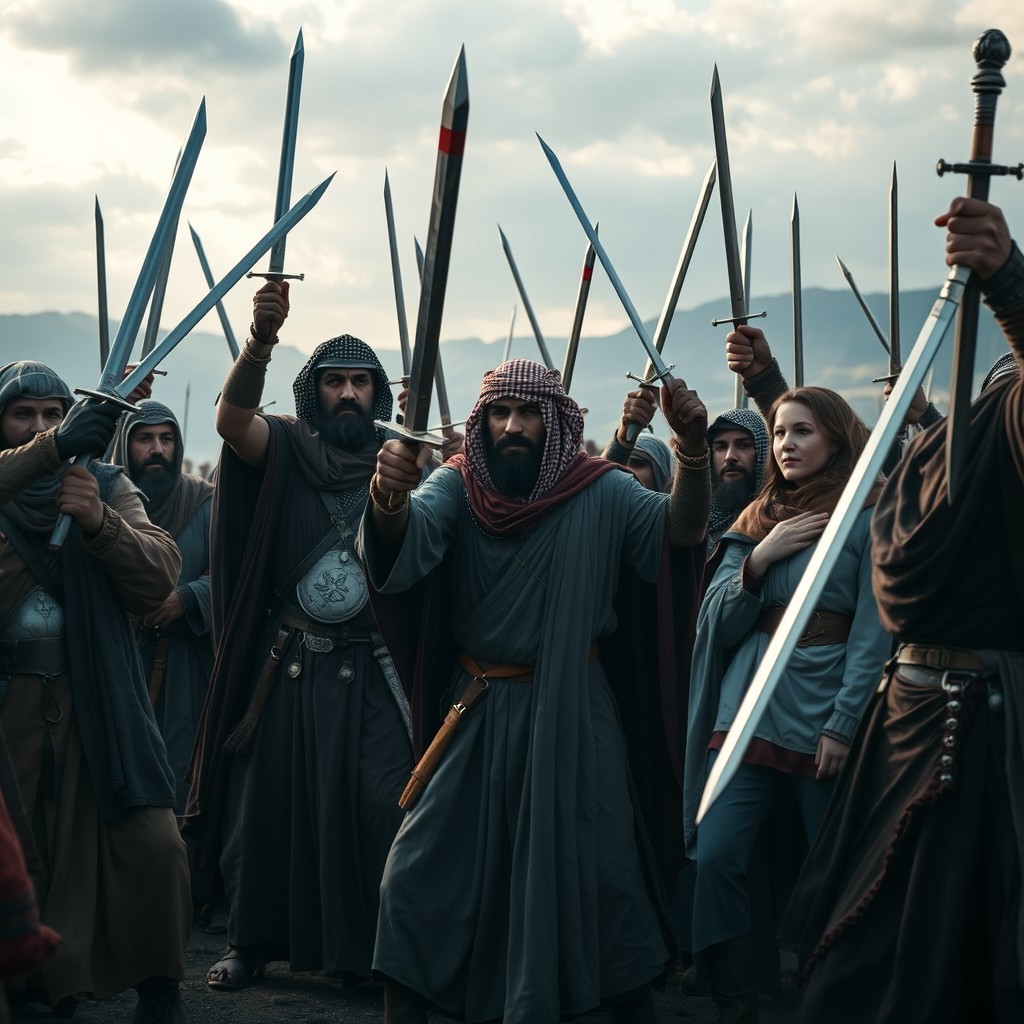 An intense and dramatic scene showing a group of Arab Muslims defending a group of Christians with their swords drawn, embodying bravery and determination