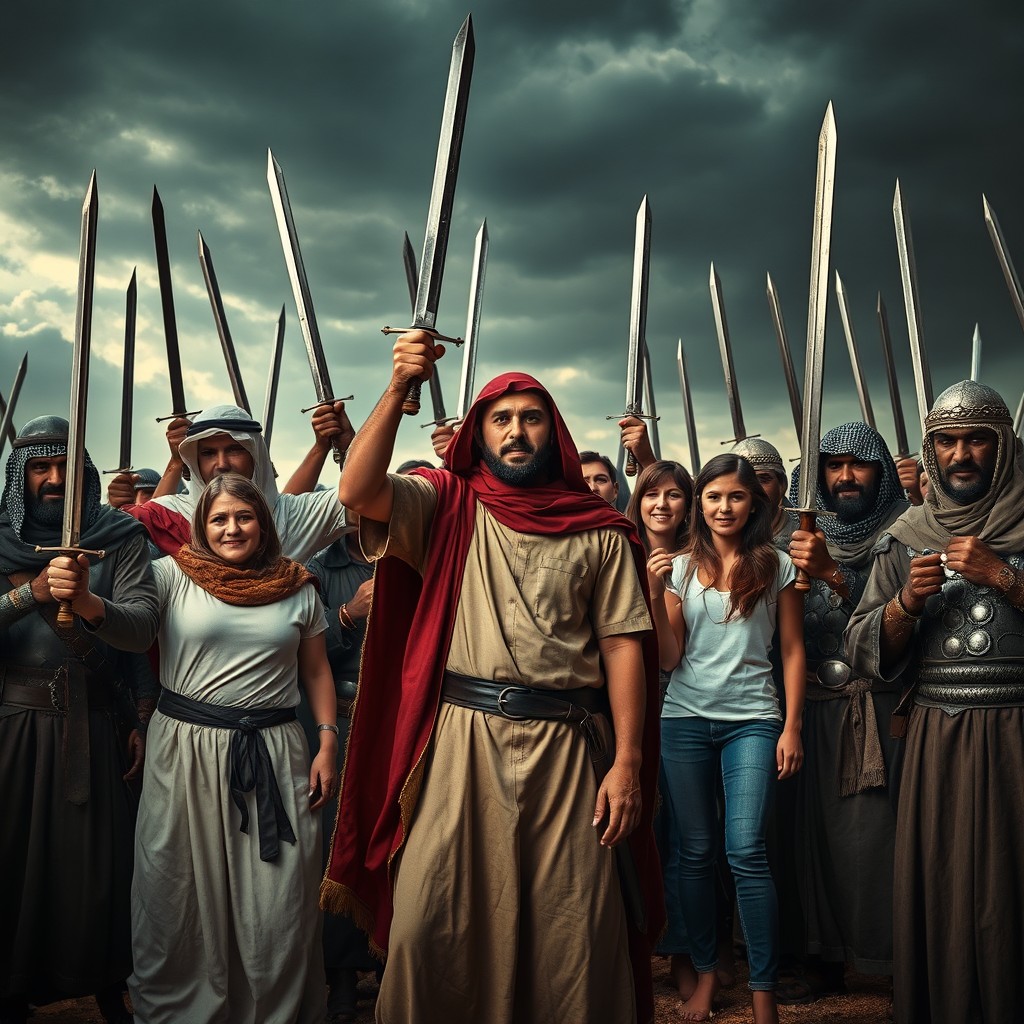 An intense and heroic scene depicting a group of Arab Muslims defending a group of Christians, armed with swords and displaying unwavering courage