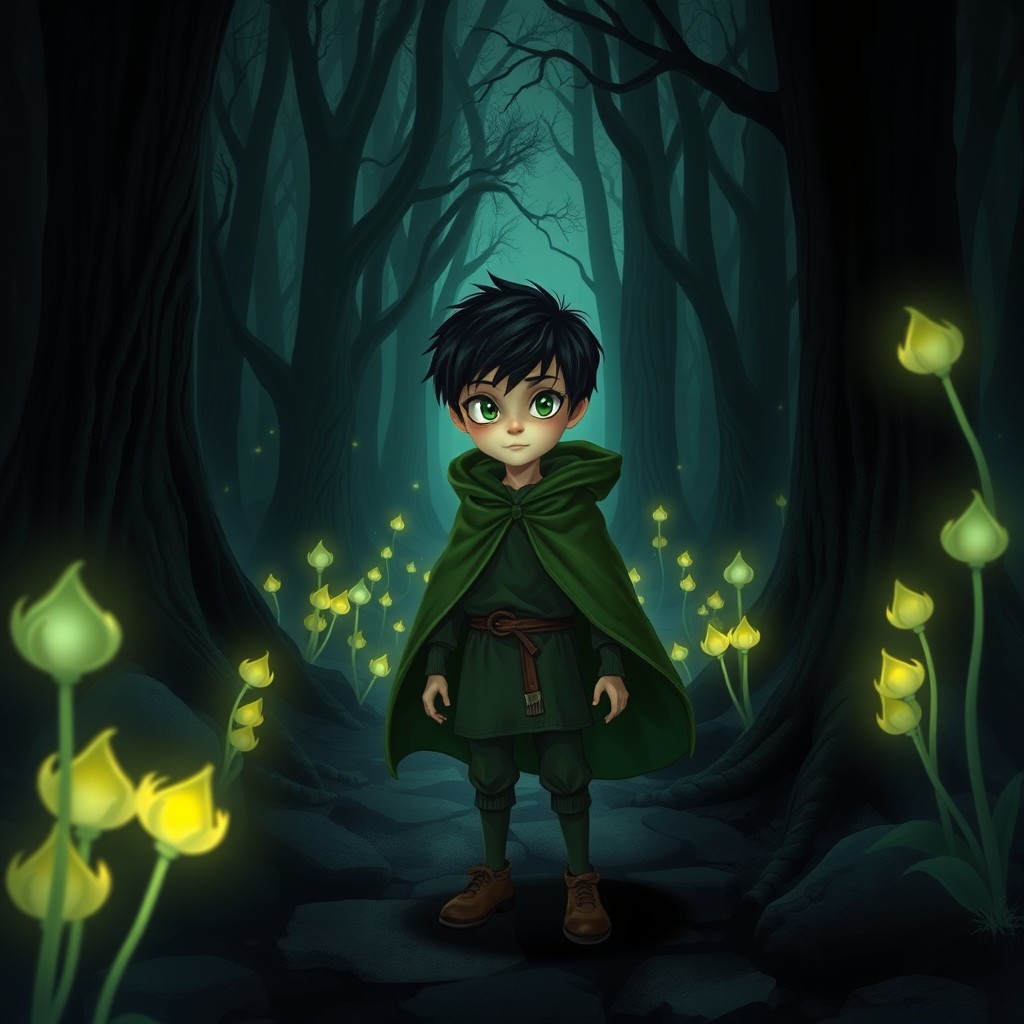 A mysterious and enchanting scene featuring a 10-year-old boy with striking white-green eyes and black hair, dressed in a green cloak