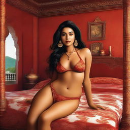 A digital art image of high quality, showcasing an attractive woman in a bikini lounging on a bed